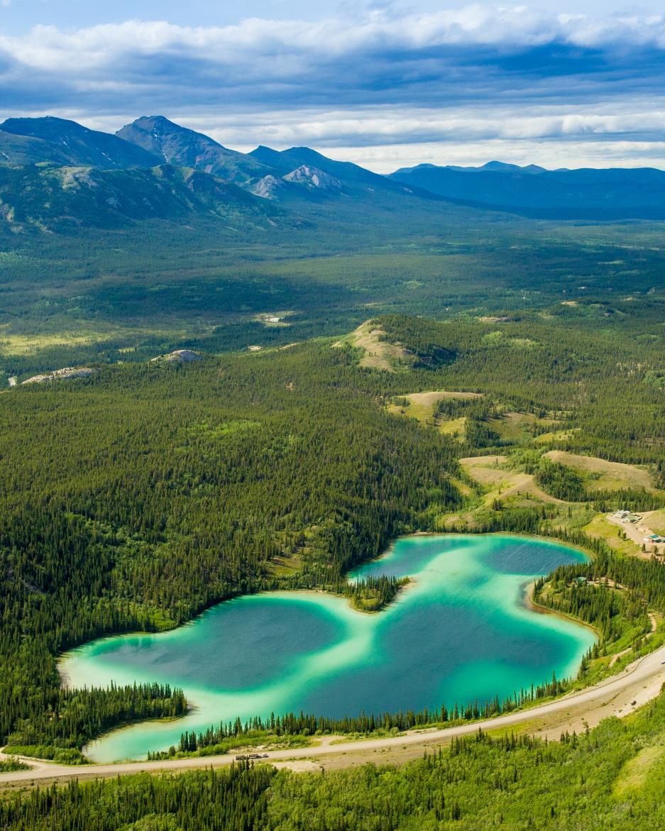 A aerial shot of Emerald Lake, Yukon