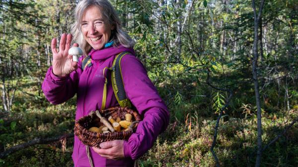 A woman stands in a forest holding a mushroom