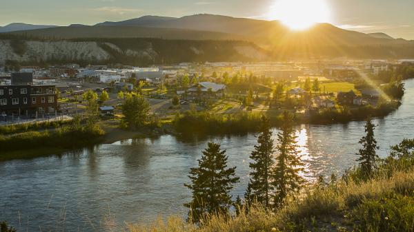 A view of downtown Whitehorse under the midnight sun