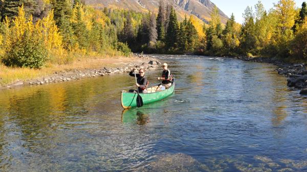 Woman and man paddling in a green canoe on a calm river