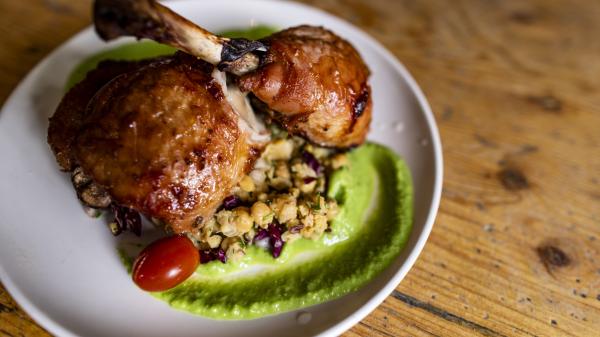 Plated chicken dinner from Bonton and Co