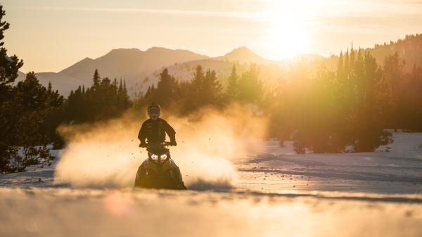 Snowmobiling in golden glow of sunrise