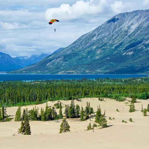 A paraglider soars over the Carcross Desert