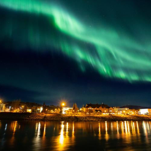 northern lights above whitehorse city lights