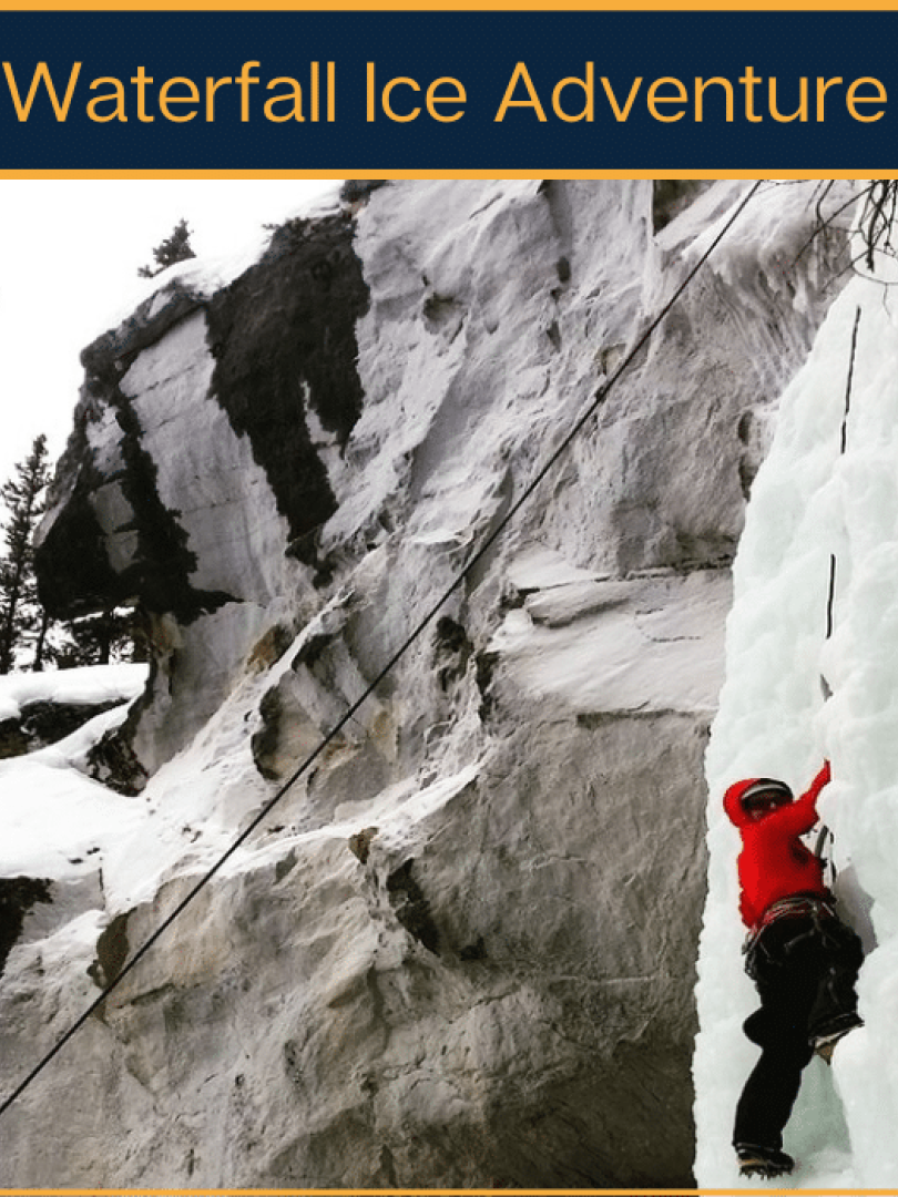 Climber in red jacket on frozen waterfall rock in background