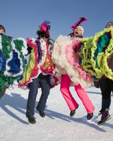 The Snowshoe Shufflers jump for joy at the Yukon Rendezvous Festival