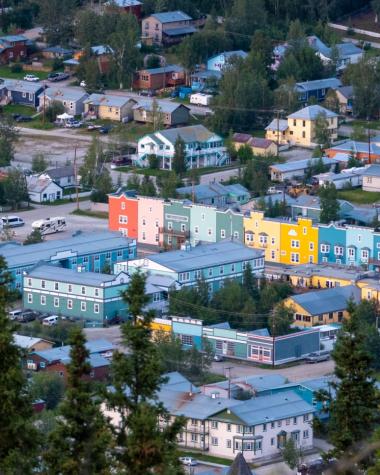 An aerial shot of colourful Dawson City